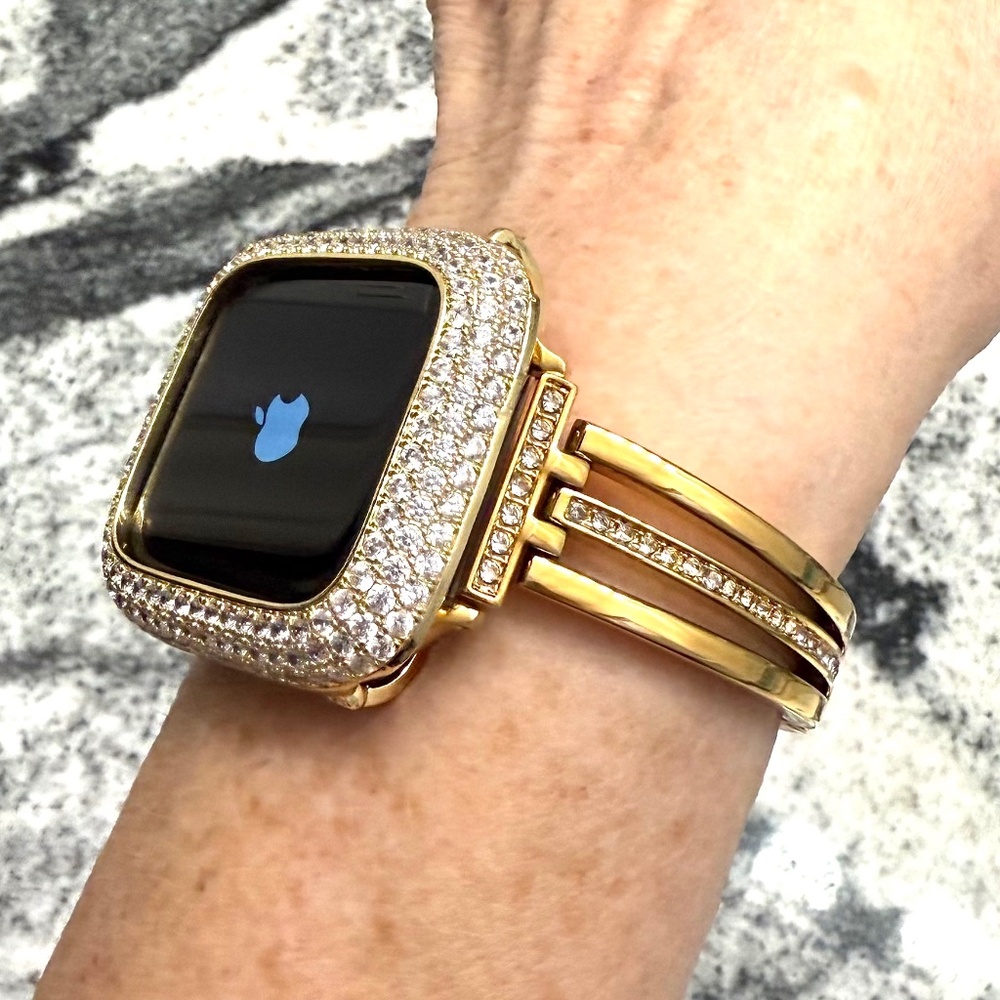 2 pc Apple Watch set white gold lab diamond case and crystal band classy bling